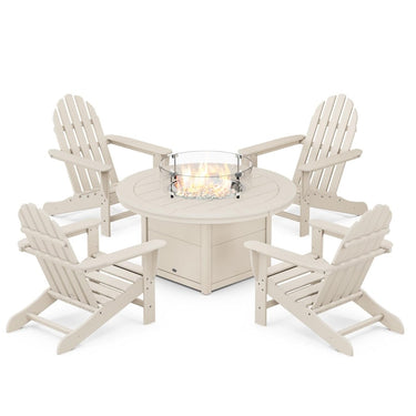 POLYWOOD Classic Adirondack 5-Piece Conversation Set W/ Fire Pit Table - Sand